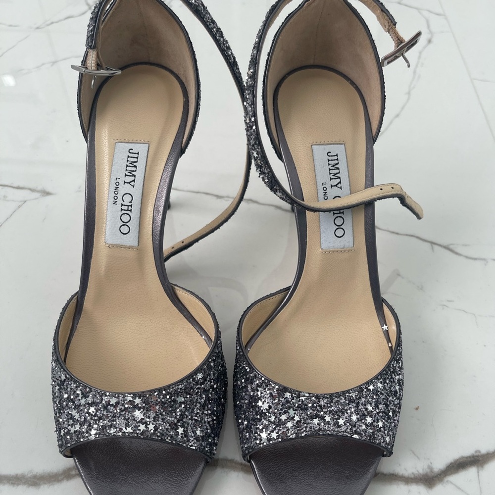 New without box Jimmy Choo ~ Silver Glitter Sandal Heels ~ IT 38.5